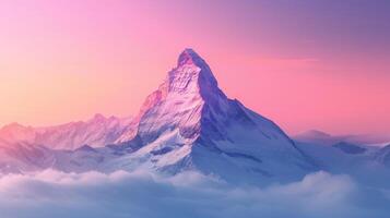 ai gegenereerd mooi natuur achtergrond met een eenzaam berg top tegen een roze Purper helling lucht foto