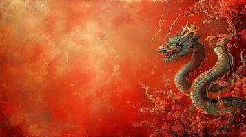 ai gegenereerd Chinese rood vakantie achtergrond met draak foto