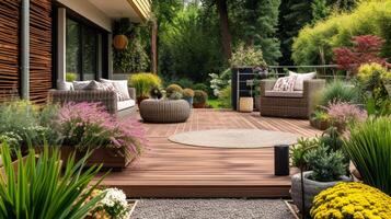 ai gegenereerd elegant terras met hout dek vloeren foto