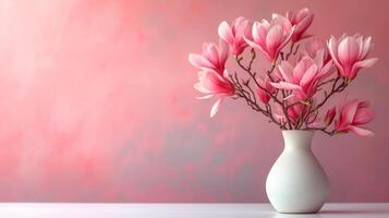 ai gegenereerd magnolia bloemen in een minimalistisch wit vaas. foto