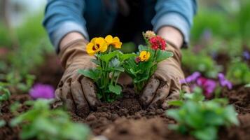 ai gegenereerd een tuinman aanplant kleurrijk bloemen. foto