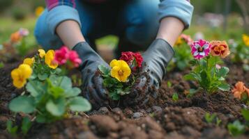 ai gegenereerd een tuinman aanplant kleurrijk bloemen. foto