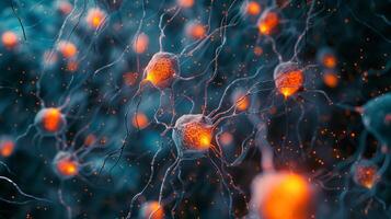 ai gegenereerd een microscopisch visie van levendig, verstrengeling neuronen in een betoverend neurale netwerk. foto