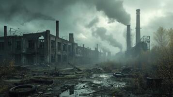 ai gegenereerd een tafereel van een geruïneerd fabriek met rook uitstralend van de schoorstenen, doet denken aan van een post-apocalyptisch wereld. foto