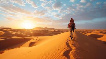 ai gegenereerd een reiziger rijden een kameel in de Sahara woestijn, met eindeloos gouden zand duinen onder een verzengende zon. foto