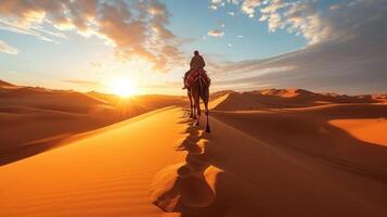 ai gegenereerd een reiziger rijden een kameel in de Sahara woestijn, met eindeloos gouden zand duinen onder een verzengende zon. foto