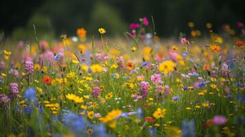 ai gegenereerd een levendig weide van wilde bloemen, een tapijtwerk van van de natuur tinten, badend in de teder zon. foto