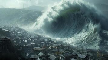 ai gegenereerd een enorm tsunami Golf loopt vast op een kust- stad, veroorzaken wijd verspreid verwoesting. foto