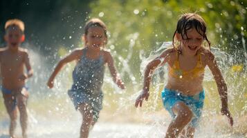 ai gegenereerd kinderen rennen door sproeiers, hun gezichten lit omhoog met vreugde Aan een zonnig dag. foto