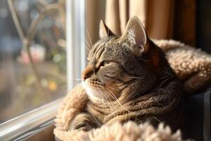 ai gegenereerd harig grijs gestreept kat genesteld in een knus venster hoekje, badend in warm zonlicht. foto