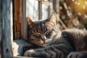 ai gegenereerd harig grijs gestreept kat genesteld in een knus venster hoekje, badend in warm zonlicht. foto