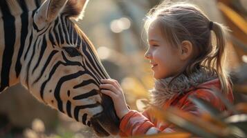 ai gegenereerd meisje Bij de dierentuin kinderboerderij een zebra. foto