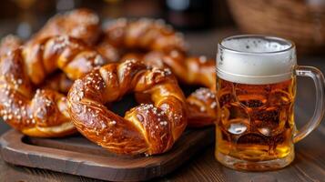 ai gegenereerd iconisch zacht pretzels geserveerd met een koud, schuimend bier, een populair Duitse tussendoortje. foto