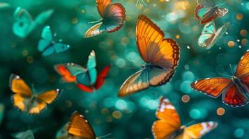 ai gegenereerd speels vlinders in een caleidoscoop van kleuren, fladderend tegen een backdrop van smaragd groente. foto
