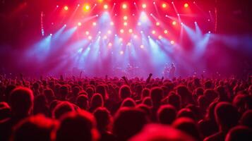 ai gegenereerd een concert stadium met pulserend lichten en een zee van extatisch fans, vastleggen leven muziek energie. foto