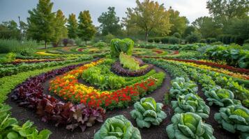 ai gegenereerd een themed groente tuin, met groenten geregeld in patronen of kleuren voor zichtbaar in beroep gaan foto