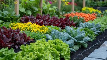 ai gegenereerd een themed groente tuin, met groenten geregeld in patronen of kleuren voor zichtbaar in beroep gaan foto