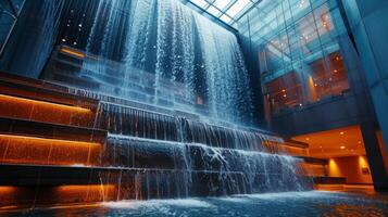 ai gegenereerd abstract visie van een stedelijk binnenplaats, een trapsgewijs waterval temidden van staal en beton omgeving. foto