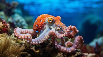 ai gegenereerd een nieuwsgierig Octopus weergeven haar ongelooflijk camouflage vaardigheden, mengen in haar levendig koraal huis foto