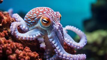 ai gegenereerd een nieuwsgierig Octopus weergeven haar ongelooflijk camouflage vaardigheden, mengen in haar levendig koraal huis foto