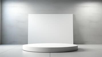 ai gegenereerd een minimalistische podium in een hedendaags kunst galerij met een ongerept wit achtergrond. foto