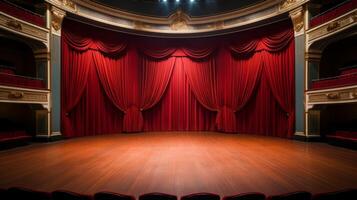 ai gegenereerd een upscale leeg theater stadium met dramatisch, vloer tot plafond rood gordijnen en een klassiek achtergrond. foto