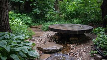 ai gegenereerd een rustiek podium genesteld in een weelderig tuin, harmoniseren met van de natuur eenvoud. foto