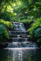 ai gegenereerd een rustgevend waterval trapsgewijs in een sereen zwembad temidden van weelderig, groen gebladerte. foto