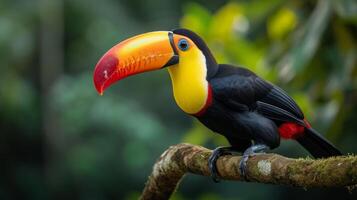 ai gegenereerd een kleurrijk toekan neergestreken Aan een weelderig Afdeling in de hart van de amazon regenwoud foto