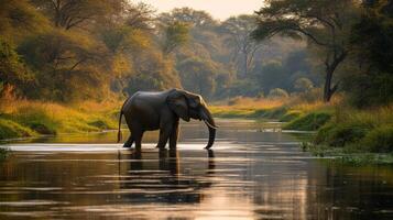 ai gegenereerd een sereen olifant kruispunt een rustig rivier, de reflectie spiegelen haar enorm genade foto