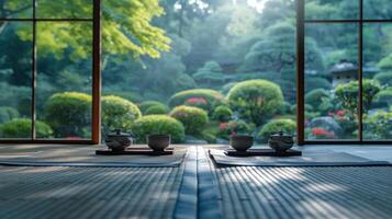 ai gegenereerd genieten van een traditioneel thee ceremonie in een rustig Japans tuin. groot copyspace Oppervlakte met kopiëren ruimte voor tekst, buiten het centrum samenstelling foto