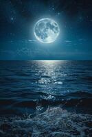 ai gegenereerd maanlicht zeegezicht. zilver en indigo tinten mengen, toveren de kalmte van een maanlicht zeegezicht onder een sterrenhemel lucht. foto