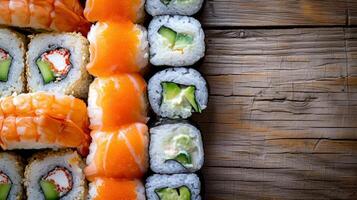 ai gegenereerd mozaïek-achtig sushi broodjes, markeren de kunstenaarstalent van Japans keuken. foto