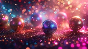 ai gegenereerd retro disco koorts. glinsterende disco ballen en kleurrijk flitser lichten creëren een disco koorts atmosfeer. foto