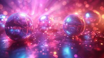 ai gegenereerd retro disco koorts. glinsterende disco ballen en kleurrijk flitser lichten creëren een disco koorts atmosfeer. foto