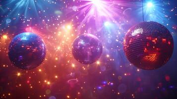 ai gegenereerd retro disco koorts. glinsterende disco ballen en kleurrijk flitser lichten creëren een disco koorts atmosfeer. foto