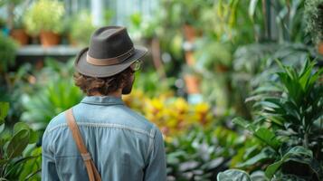 ai gegenereerd een ijverig botanicus onderzoeken een verscheidenheid van exotisch planten in een prachtig aangelegd kas foto