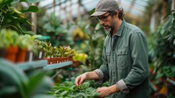 ai gegenereerd een ijverig botanicus onderzoeken een verscheidenheid van exotisch planten in een prachtig aangelegd kas foto