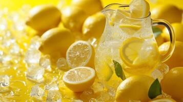 ai gegenereerd een werper gevulde met eigengemaakt limonade omringd door levendig geel citroenen en ijs kubussen foto