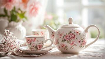 ai gegenereerd een elegant thee reeks met delicaat porselein kopjes, schotels, en een bloemen theepot foto