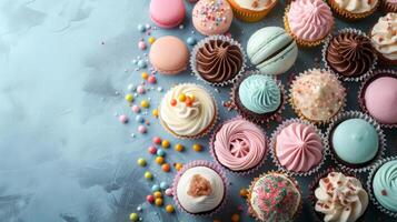 ai gegenereerd een overhead schot van een toetje tafel met cupcakes, taart knalt, en macarons foto