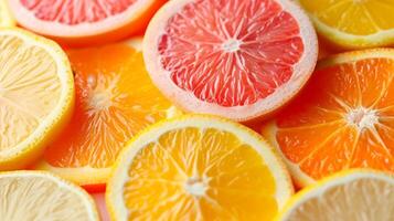 ai gegenereerd een assortiment van gesneden citrus fruit, uitstralend een pittig en stimulerend aroma foto