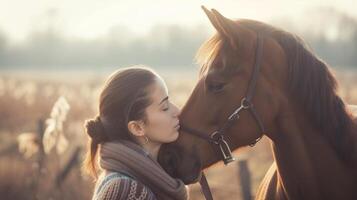 ai gegenereerd een rijder en haar paard delen een intiem moment van verbinding en begrip foto