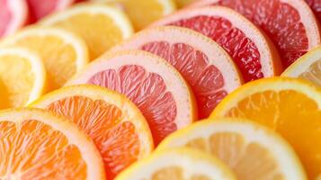 ai gegenereerd een assortiment van gesneden citrus fruit, uitstralend een pittig en stimulerend aroma foto