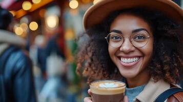 ai gegenereerd chique koffie aficionados slokje in stijl, vastleggen de moment met stralend glimlacht foto