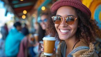 ai gegenereerd chique koffie aficionados slokje in stijl, vastleggen de moment met stralend glimlacht foto