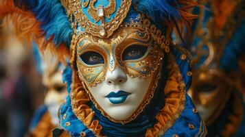 ai gegenereerd feestvierders don verbijsterend outfits, van exotisch maskers naar gevederde hoofdtooien foto