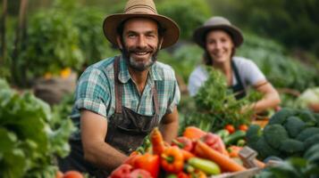 ai gegenereerd deskundige tuinders vieren een geslaagd oogst van levendig groenten in een overvloedig tuin foto