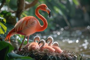 ai gegenereerd een paar- van volwassen flamingo's neigt naar hun donsachtig, pasgeboren kuikens, een hartverwarmend familie tafereel foto