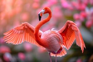 ai gegenereerd een mannetje flamingo trots wordt weergegeven haar helder gevederte gedurende een levendig verkering dans foto